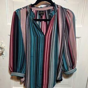 Worthington Blue and Pink Graphic Puff Sleeve Blouse